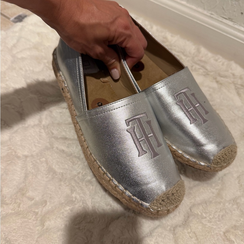 Tommy Hilfiger Metallic Silver Espadrille Slip-Ons